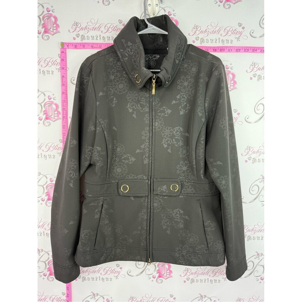 Lole jacket black Gray Floral-Print Zip Utility Jacket buttons gold waterproof
